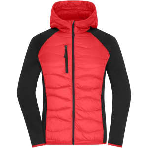 A red and black ladies hybrid jacket with a hood and zippered pockets. Features a puffy body and fitted sleeves.