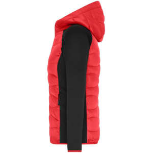 A hybrid jacket featuring a red padded hood and black sleeves, designed for women. It includes a logo on the garment.