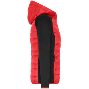 A red and black hybrid jacket featuring a puffy hooded design and a fitted sleeve. It includes a logo on the front.