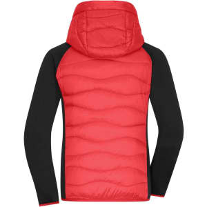 A red and black ladies hybrid jacket featuring a hood and a quilted design on the back. It has a logo on the fabric.