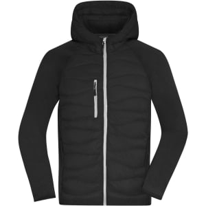 A men's hybrid jacket in black with a zipped front and a hood, featuring a logo on the chest.