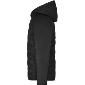 A black hybrid jacket featuring a puffer design with a hood and side zip pockets. Includes a logo on the fabric.