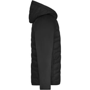 A black hybrid jacket featuring a puffer design and a hood, with a logo on one sleeve.