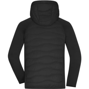 A men's hybrid jacket in black, featuring a hood and a quilted design on the back. It has a logo on the fabric.