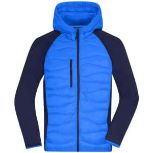 A blue hybrid jacket featuring a hood and navy sleeves, with zippered pockets and a sleek design.