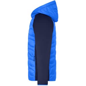 A blue hybrid jacket featuring a padded hood and dark navy sleeves, with a logo on the fabric.