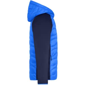 A blue men's hybrid jacket featuring a padded hood and solid navy sleeves, with a logo visible on the design.