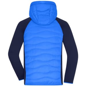 A blue and navy hybrid jacket with a hood, featuring quilted and smooth textures, and a branding logo.