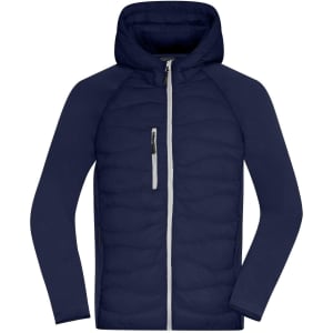A navy blue men's hybrid jacket with a hood and zippered front, featuring a logo on the chest.