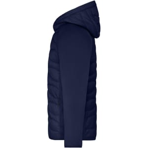 A navy blue men's hybrid jacket featuring a quilted design and a hood, with a sleek profile and a side zipper pocket.