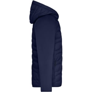 A men's hybrid jacket in navy blue featuring a puffy hooded design and a side view showcasing the sleeves.