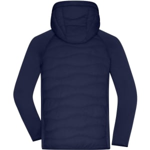 A navy blue men's hybrid jacket with a hood and a quilted design on the back. It features a logo.