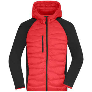 A men's hybrid jacket in red and black with a hood, featuring a zip front and a sleek design.