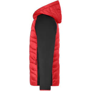 A men's hybrid jacket featuring a red padded body and black sleeves. Includes a hood and has a logo.