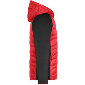 A red hybrid jacket with a padded body and black sleeves, featuring a hood and side zipper detail.