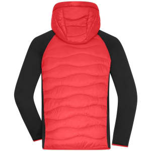 A hybrid jacket featuring a red, padded front with black sleeves and a hood. It has a logo on the chest area.