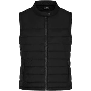 A black padded vest with a high collar and front zipper, featuring a branding logo.