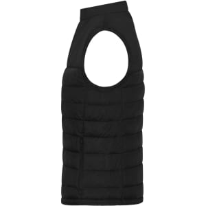A black padded vest with an open arm design, featuring a side zip pocket and a logo.