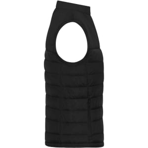 A black padded vest with an open shoulder design and a side zipper pocket, featuring a logo.