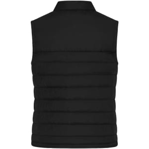 A black ladies' padded vest featuring a quilted design and a collar, with a logo on the back.