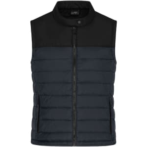 A navy blue padded vest featuring a black collar, front zip, and a logo on the chest area.