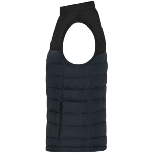 A black padded vest with an open arm design and a side zip pocket, featuring a logo.