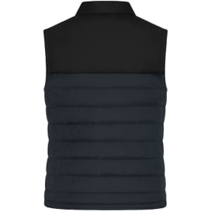 A padded vest featuring a black upper and navy blue lower section, without sleeves, and has a logo.