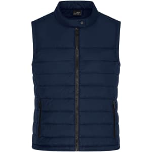 A navy padded vest with a high collar, zip closure, and side zip pockets, featuring a logo.