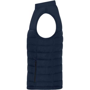 A navy ladies padded vest with an open shoulder design and a zippered side pocket, featuring a logo.