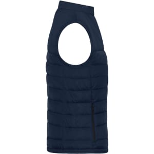 A navy padded vest with a sleeveless design and a side zip pocket, featuring a logo.