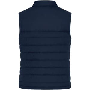 A navy padded vest with a high collar and quilted design, featuring a logo on the back.