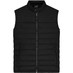 A black padded vest with a high collar and zip closure, featuring side pockets and a logo.