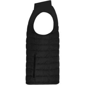 A black men's padded vest with a sleeveless design and a zippered pocket on the side.