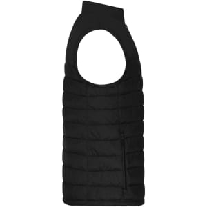 A black padded vest with a high collar and a side zip pocket, designed for warmth and comfort.