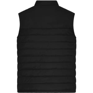 A black padded vest with a quilted design and a high neck. It features a logo. Back view displayed.