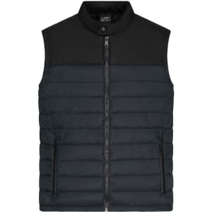 A men's padded vest in black, featuring a zip closure and a collar, with a logo on the front.