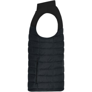 A black padded men's vest with a high neckline and an open arm design, featuring a zipped pocket and a logo.