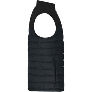 A men's padded vest in black, featuring a high neck and a zip pocket on the side. It has a logo on the fabric.