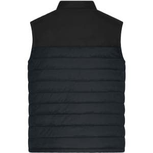 A men's padded vest in navy and black, featuring a quilted design and no sleeves. Includes a logo on the back.