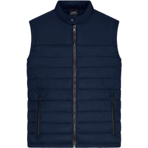 A navy padded vest with a high collar and zip front, featuring side pockets and a logo.