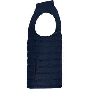 A navy men's padded vest with a sleeveless design and a side zip pocket, featuring a logo.
