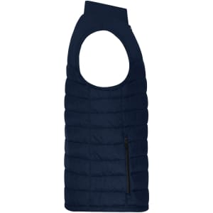 A padded vest in navy blue, featuring a high collar and a side zip pocket, designed for warmth and comfort.