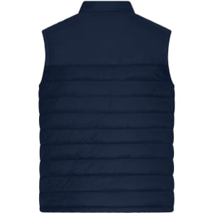 A navy padded vest with a quilted design and a collar, featuring a logo.