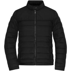 A black padded jacket with a zip front and a high collar, featuring a branded logo.
