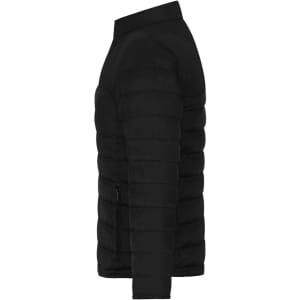 A black padded jacket featuring a side view with a sleek design and zippered pocket. The jacket has a logo.