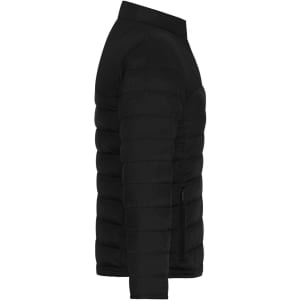 A black ladies padded jacket featuring a sleek, puffer design with a side zip pocket and a logo detail.