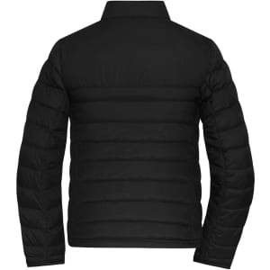 A black padded jacket with a quilted design, featuring a collar and long sleeves. It has a logo on the back.