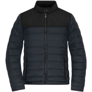A padded puffer jacket in navy blue with a black upper panel and zippered front closure, featuring side pockets.