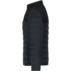 A ladies padded jacket in navy blue with a black shoulder section and side zip pockets. It has a sleek, fitted design.