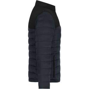 A navy padded jacket with a black shoulder panel, featuring zip pockets and a logo.